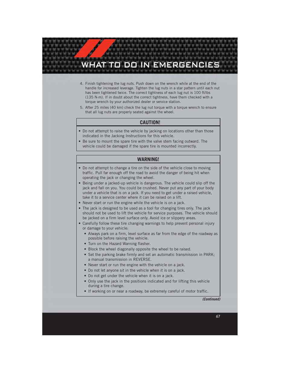 What to do in emergencies | Dodge 2012 Caliber - User Guide User Manual | Page 69 / 100
