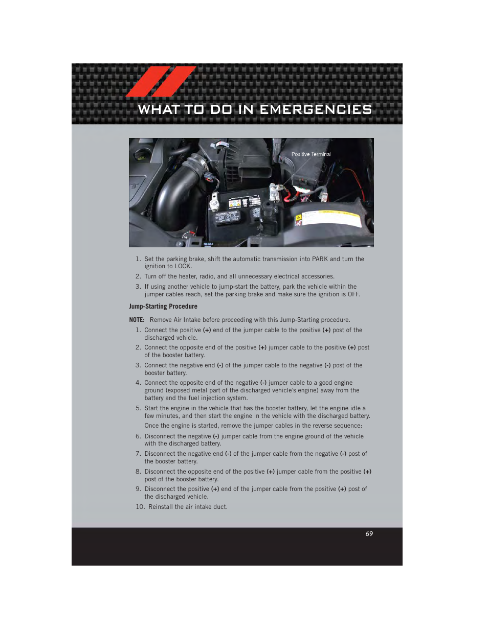 Jump-starting procedure, What to do in emergencies | Dodge 2012 Caliber - User Guide User Manual | Page 71 / 100
