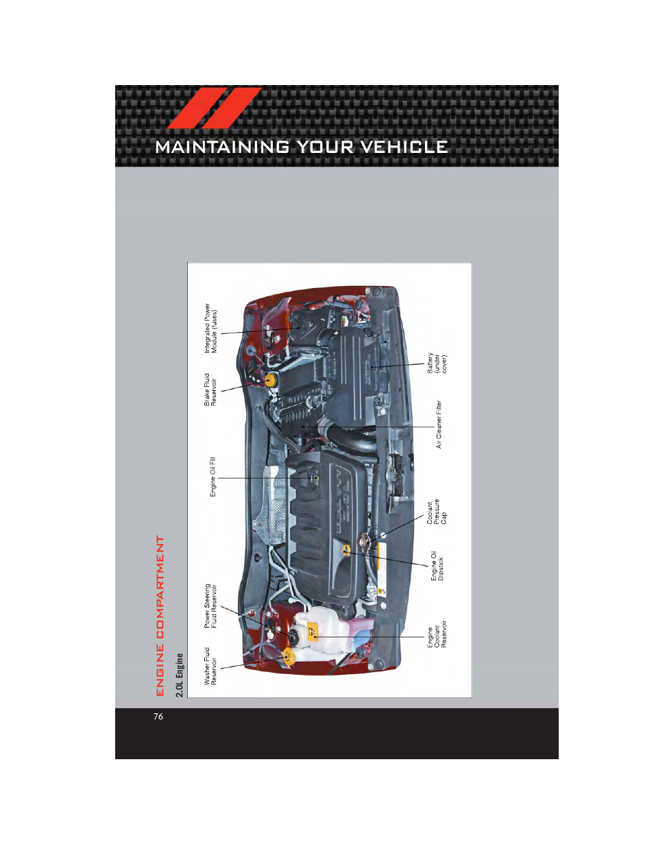 Engine compartment, 0l engine, Maintaining your vehicle | Dodge 2012 Caliber - User Guide User Manual | Page 78 / 100