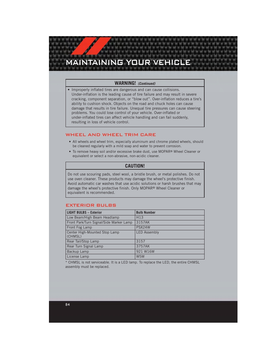 Wheel and wheel trim care, Exterior bulbs, Maintaining your vehicle | Warning, Caution | Dodge 2012 Caliber - User Guide User Manual | Page 86 / 100