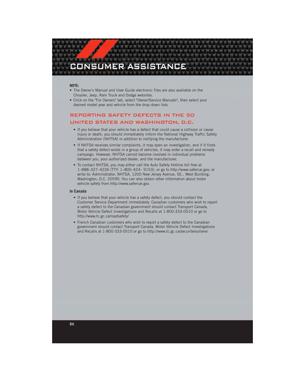 In canada, Consumer assistance | Dodge 2012 Caliber - User Guide User Manual | Page 88 / 100