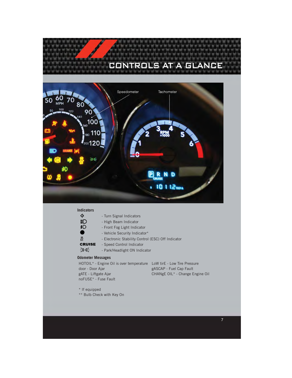 Indicators, Odometer messages, Controls at a glance | Dodge 2012 Caliber - User Guide User Manual | Page 9 / 100