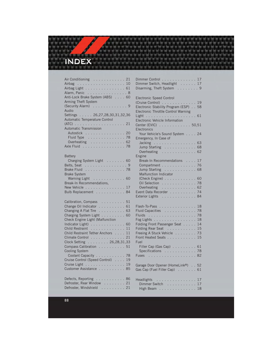 Index | Dodge 2012 Caliber - User Guide User Manual | Page 90 / 100