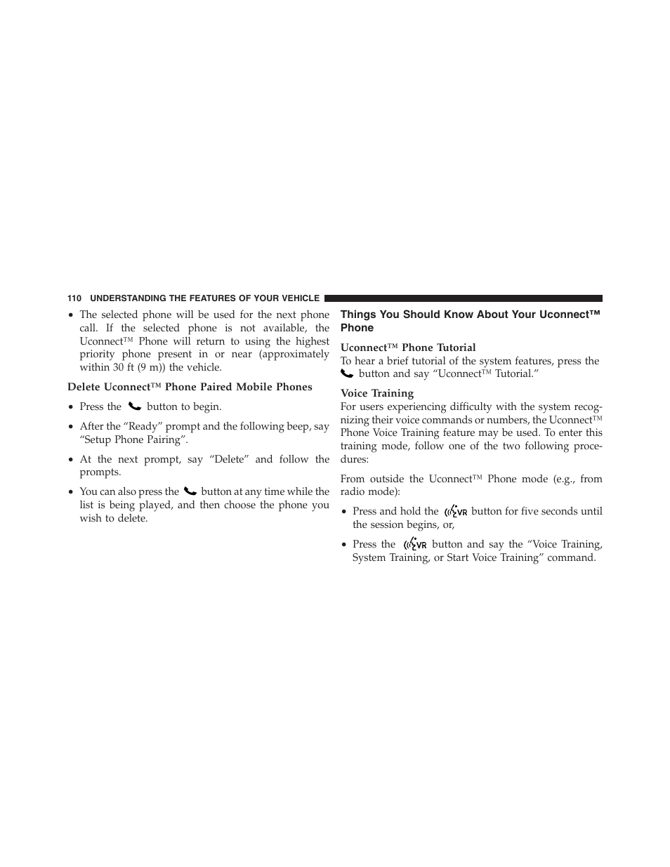 Things you should know about your uconnect™ phone, Things you should know about your, Uconnect™ phone | Dodge 2012 Challenger - Owner Manual User Manual | Page 112 / 494