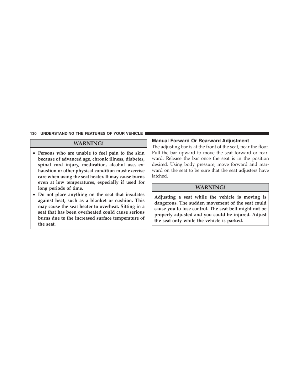 Manual forward or rearward adjustment | Dodge 2012 Challenger - Owner Manual User Manual | Page 132 / 494