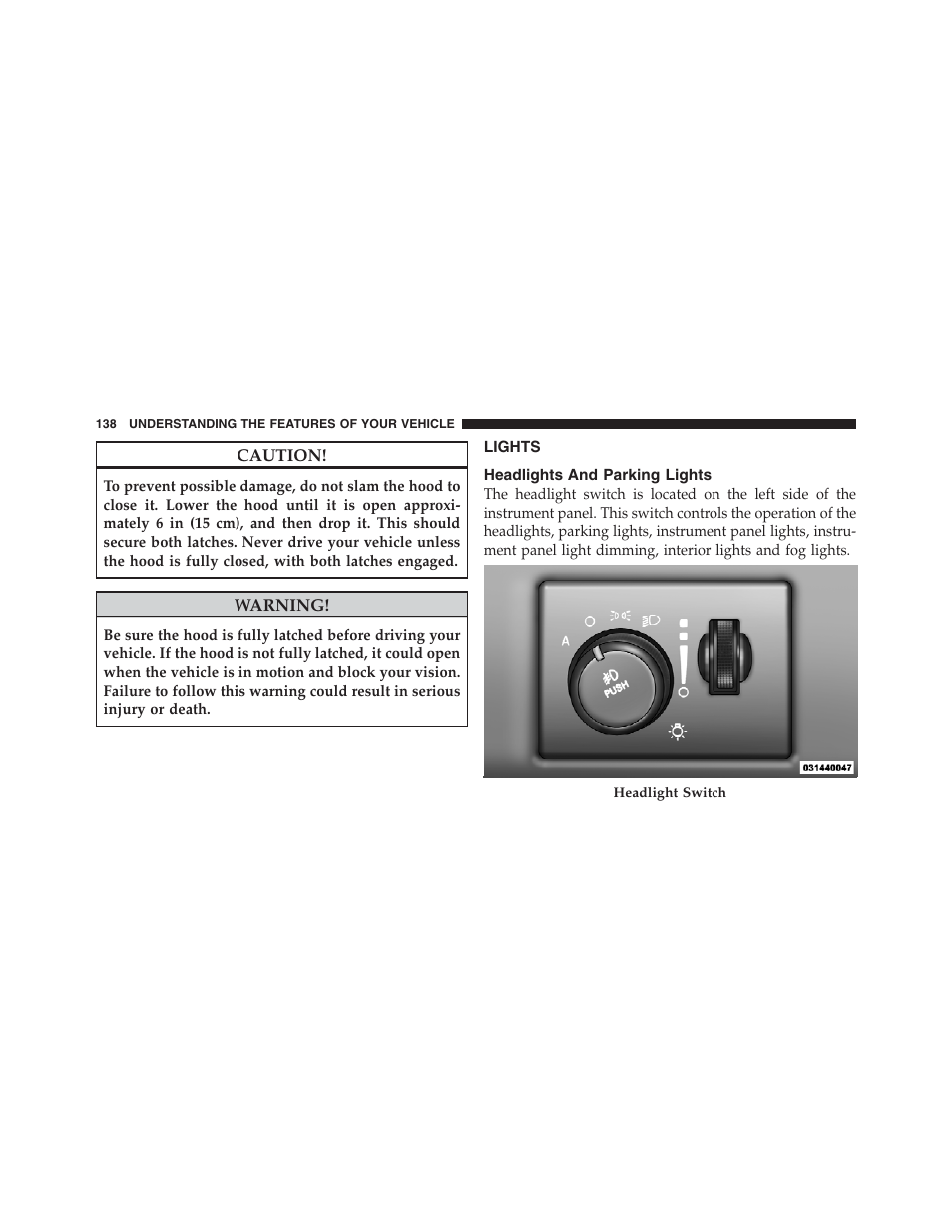 Lights, Headlights and parking lights | Dodge 2012 Challenger - Owner Manual User Manual | Page 140 / 494