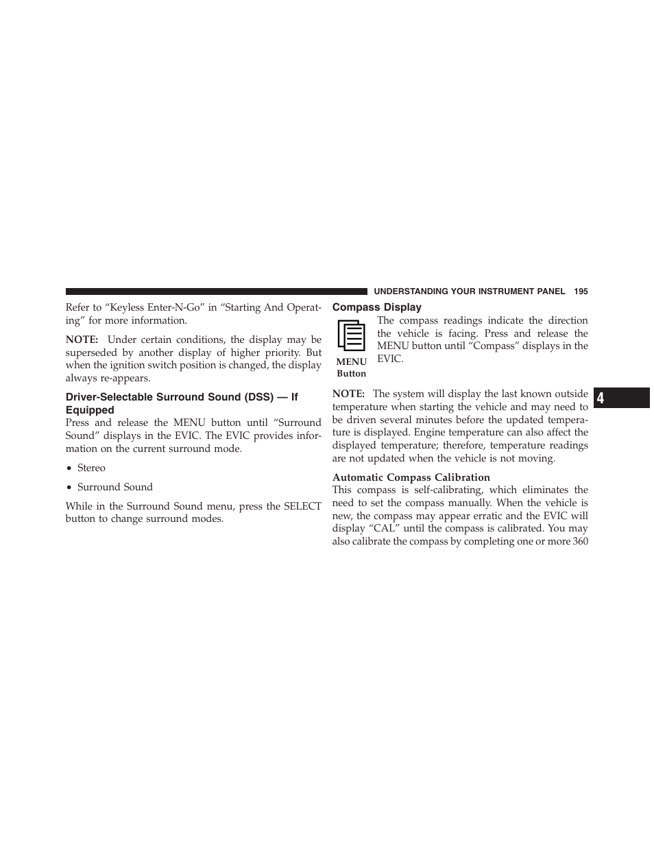 Compass display, Driver-selectable surround sound, Dss) — if equipped | Dodge 2012 Challenger - Owner Manual User Manual | Page 197 / 494