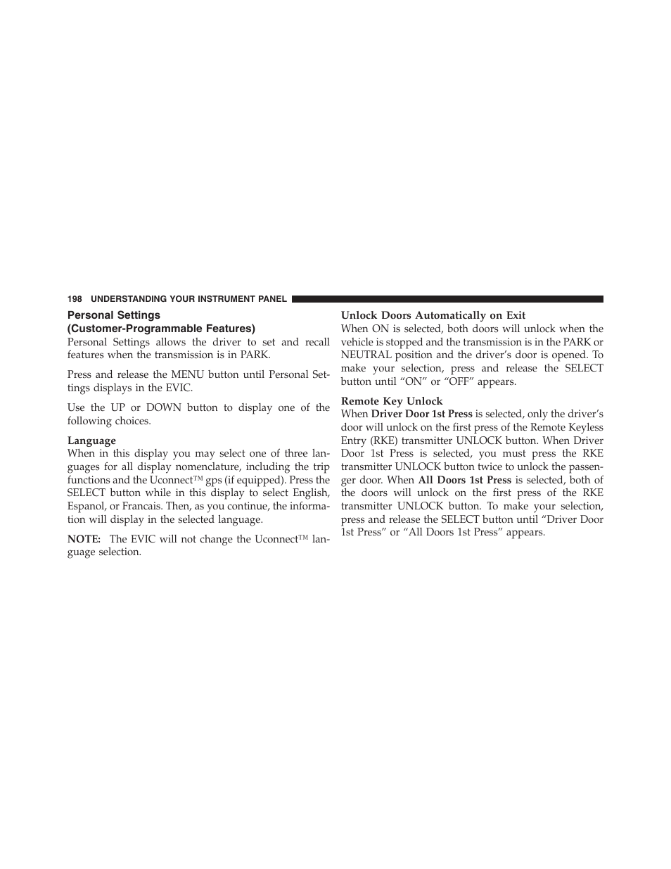 Personal settings (customer-programmable features), Personal settings, Customer-programmable features) | Dodge 2012 Challenger - Owner Manual User Manual | Page 200 / 494