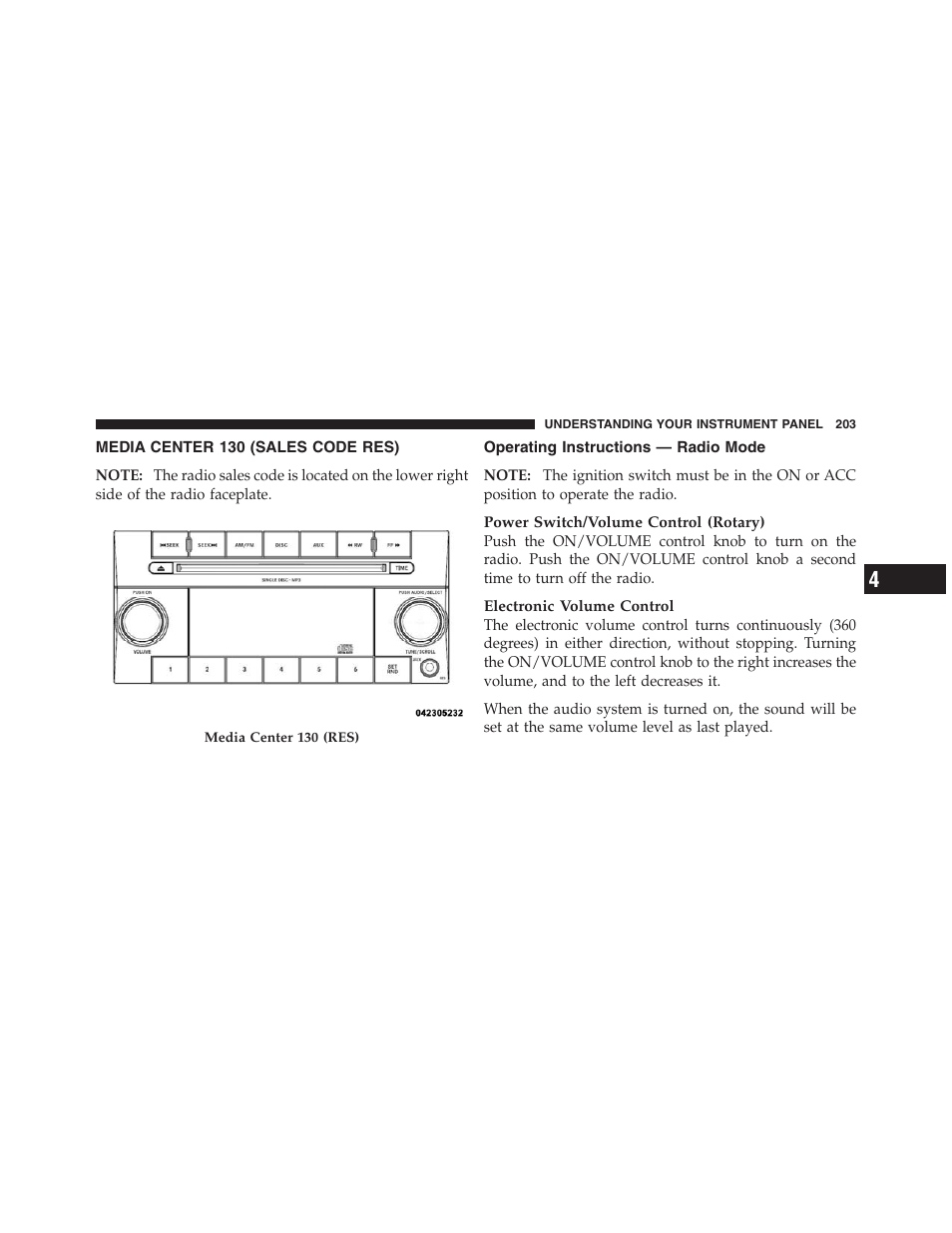 Media center 130 (sales code res), Operating instructions — radio mode | Dodge 2012 Challenger - Owner Manual User Manual | Page 205 / 494