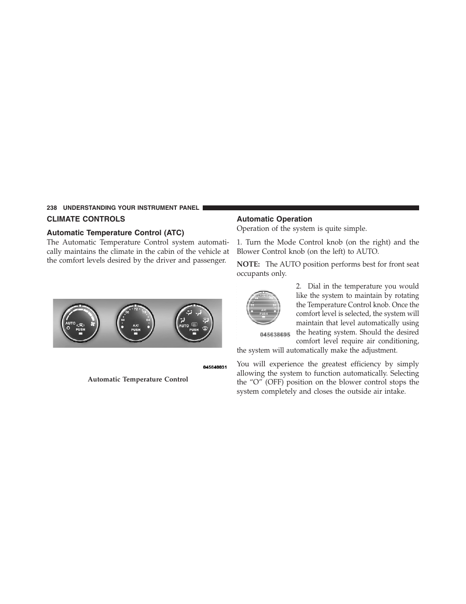 Climate controls, Automatic temperature control (atc), Automatic operation | Dodge 2012 Challenger - Owner Manual User Manual | Page 240 / 494