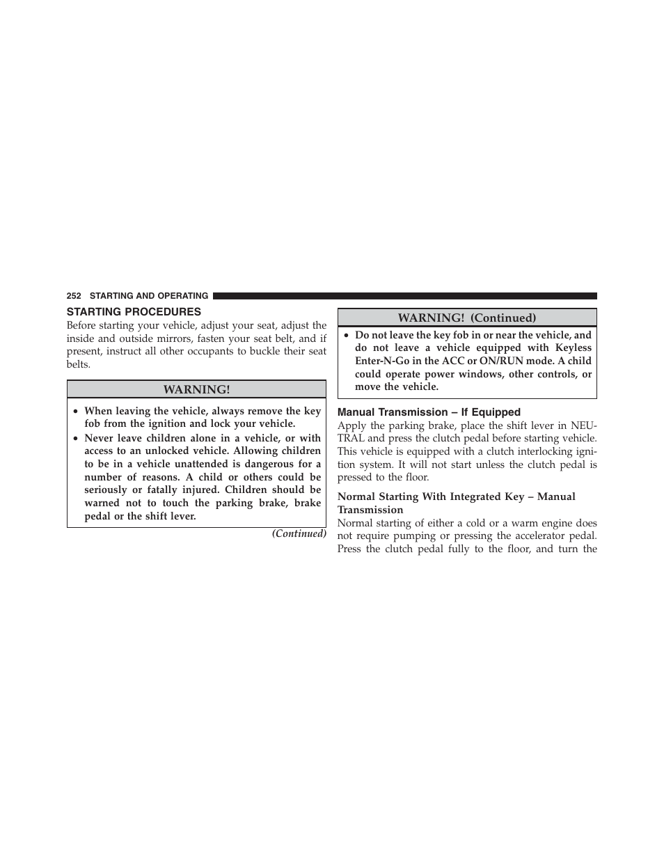 Starting procedures, Manual transmission – if equipped | Dodge 2012 Challenger - Owner Manual User Manual | Page 254 / 494