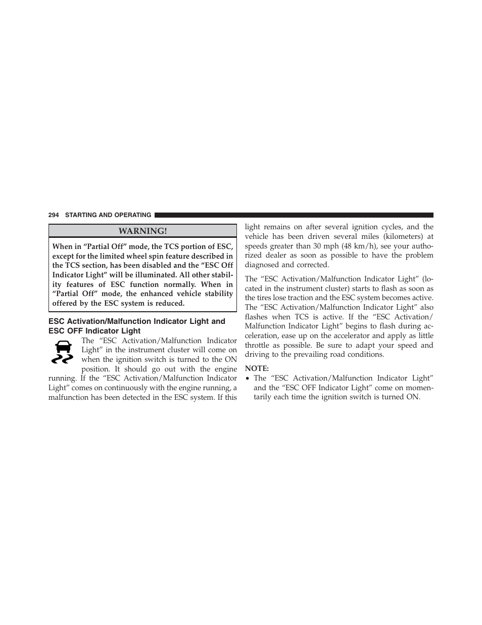 Esc activation/malfunction indicator light, And esc off indicator light | Dodge 2012 Challenger - Owner Manual User Manual | Page 296 / 494