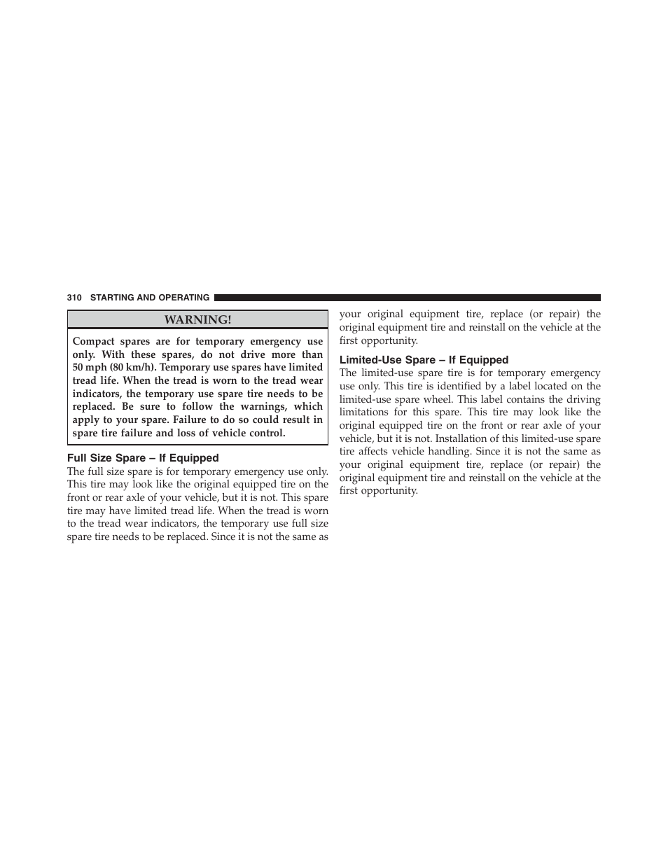 Full size spare – if equipped, Limited-use spare – if equipped | Dodge 2012 Challenger - Owner Manual User Manual | Page 312 / 494