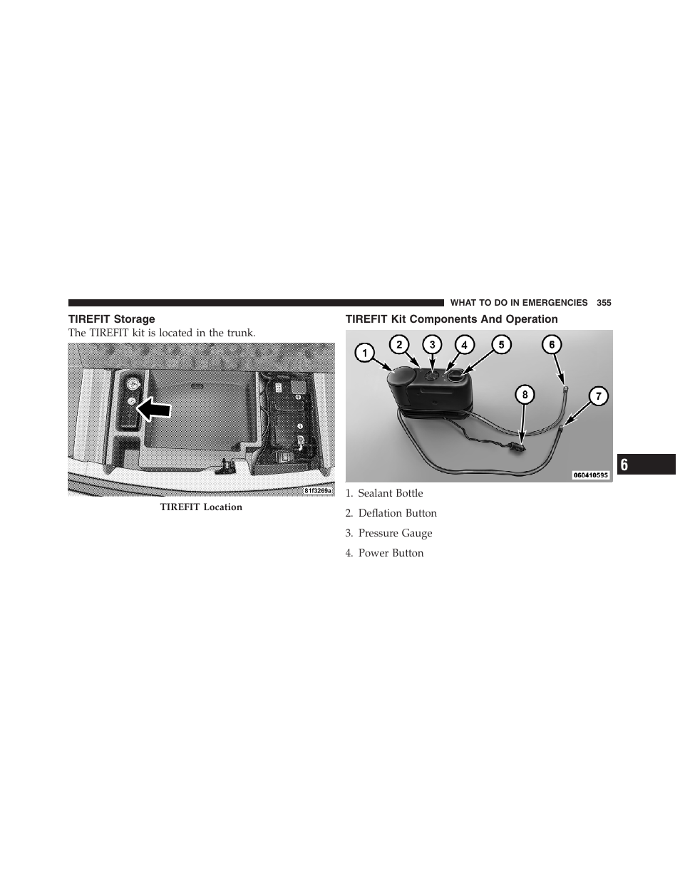 Tirefit storage, Tirefit kit components and operation | Dodge 2012 Challenger - Owner Manual User Manual | Page 357 / 494