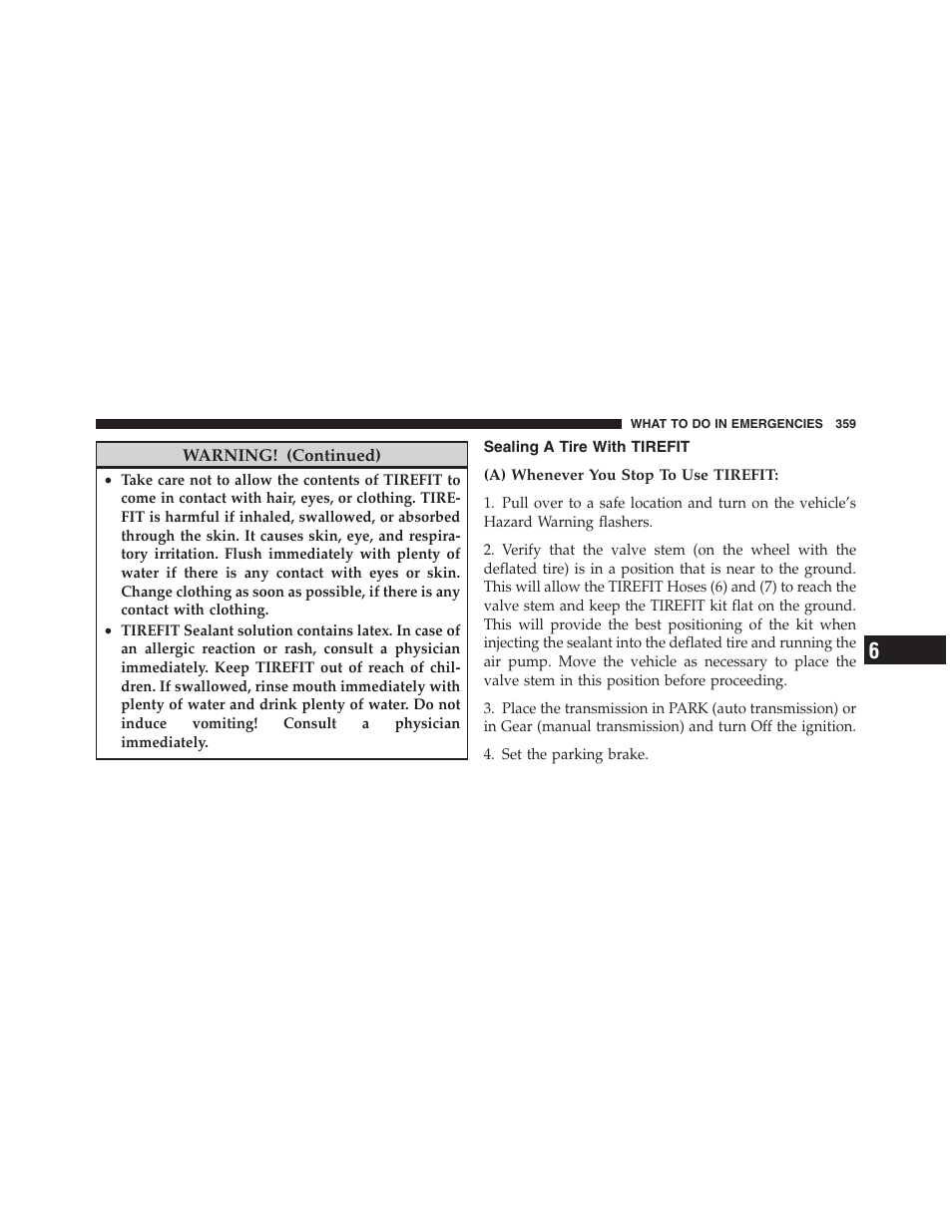 Sealing a tire with tirefit | Dodge 2012 Challenger - Owner Manual User Manual | Page 361 / 494