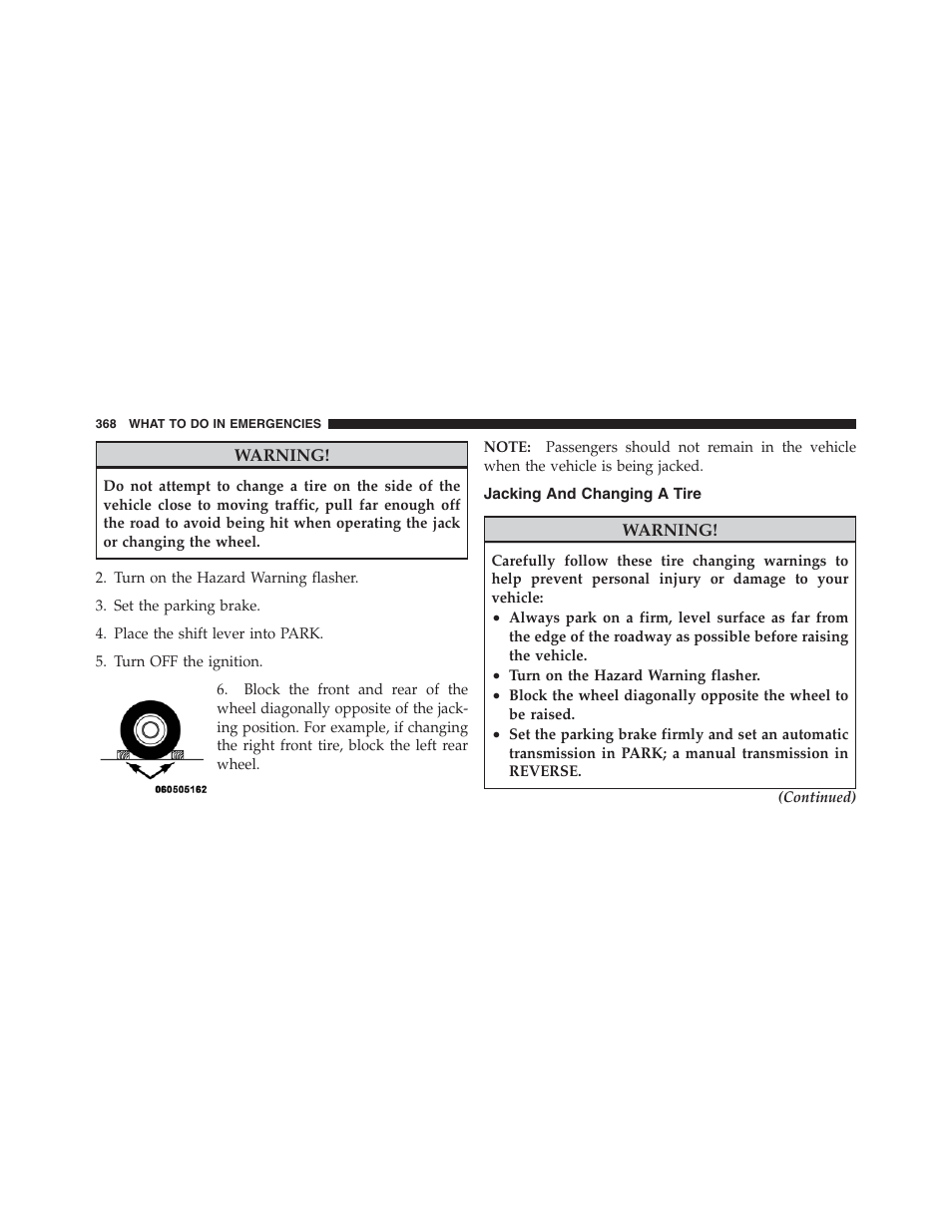 Jacking and changing a tire | Dodge 2012 Challenger - Owner Manual User Manual | Page 370 / 494