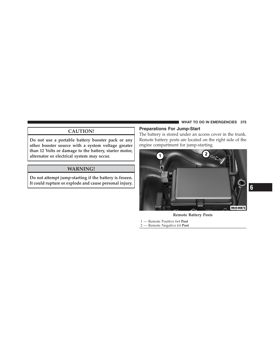 Preparations for jump-start | Dodge 2012 Challenger - Owner Manual User Manual | Page 377 / 494