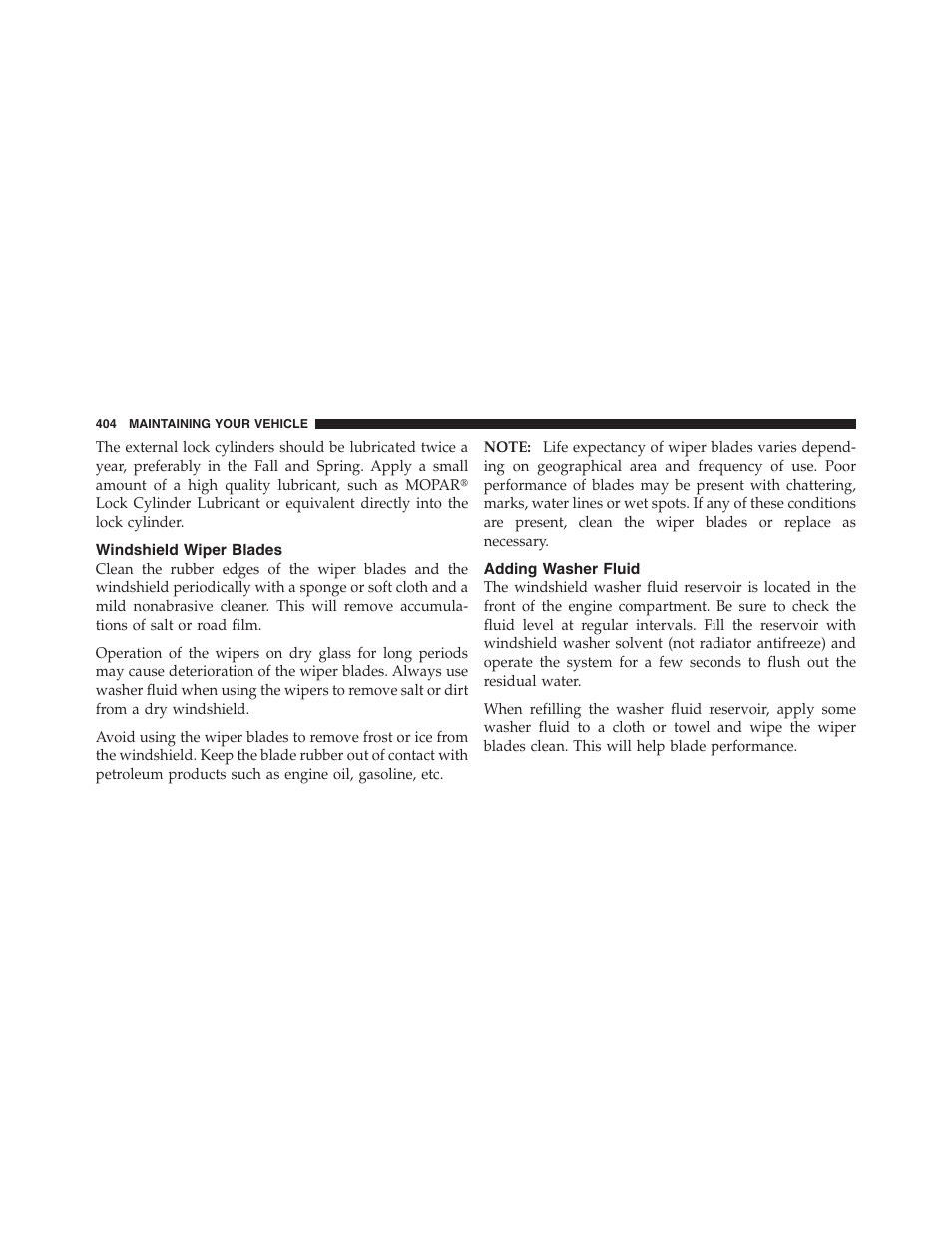 Windshield wiper blades, Adding washer fluid | Dodge 2012 Challenger - Owner Manual User Manual | Page 406 / 494