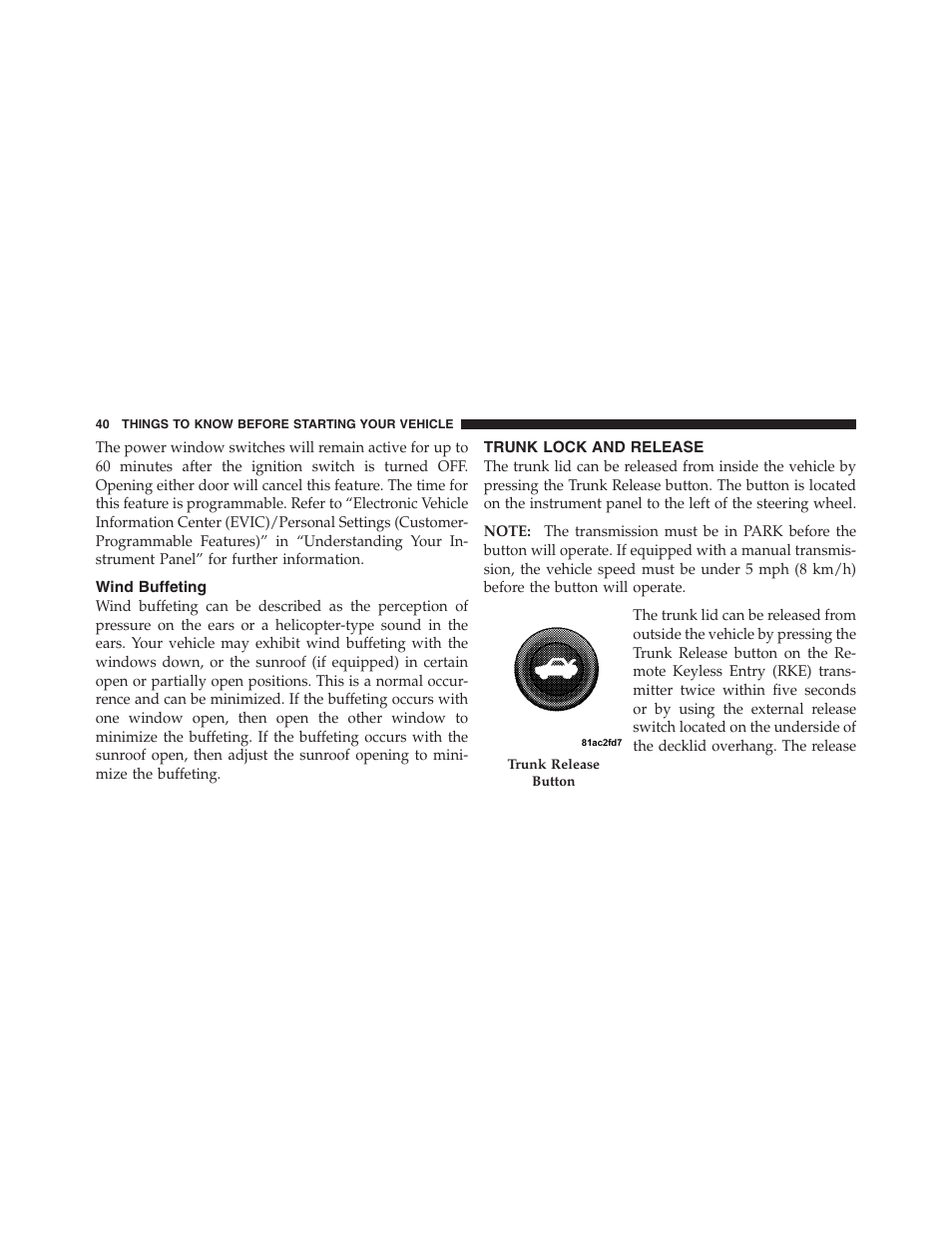 Wind buffeting, Trunk lock and release | Dodge 2012 Challenger - Owner Manual User Manual | Page 42 / 494