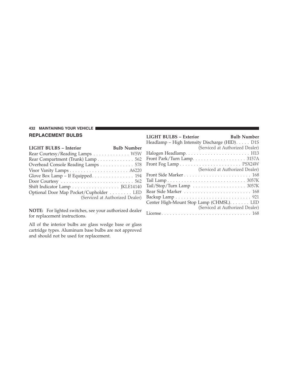 Replacement bulbs | Dodge 2012 Challenger - Owner Manual User Manual | Page 434 / 494