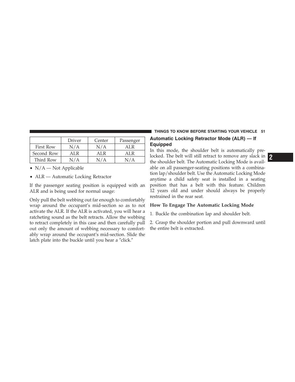 Automatic locking retractor mode (alr), If equipped | Dodge 2012 Challenger - Owner Manual User Manual | Page 53 / 494