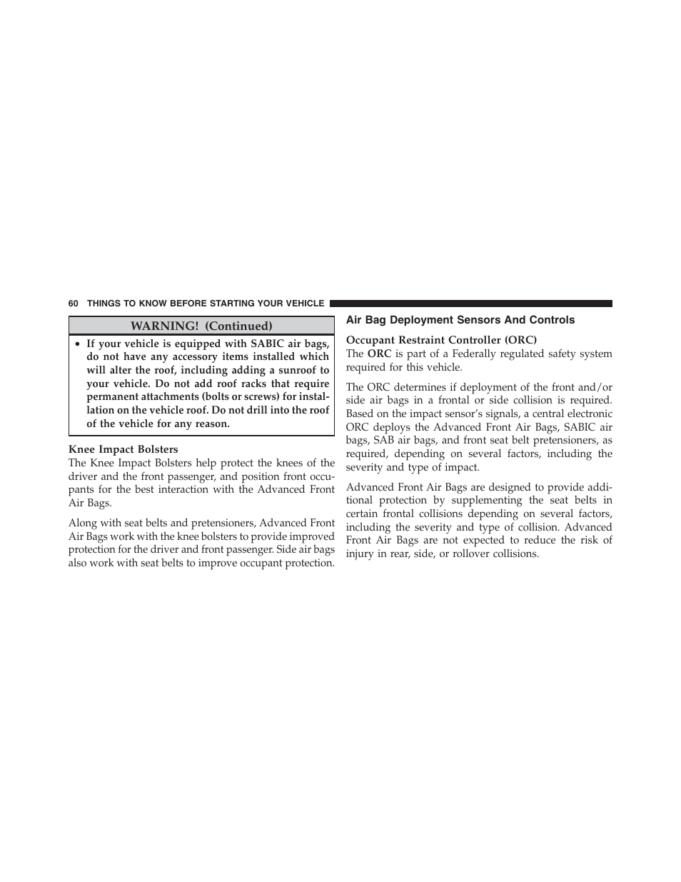 Air bag deployment sensors and controls | Dodge 2012 Challenger - Owner Manual User Manual | Page 62 / 494