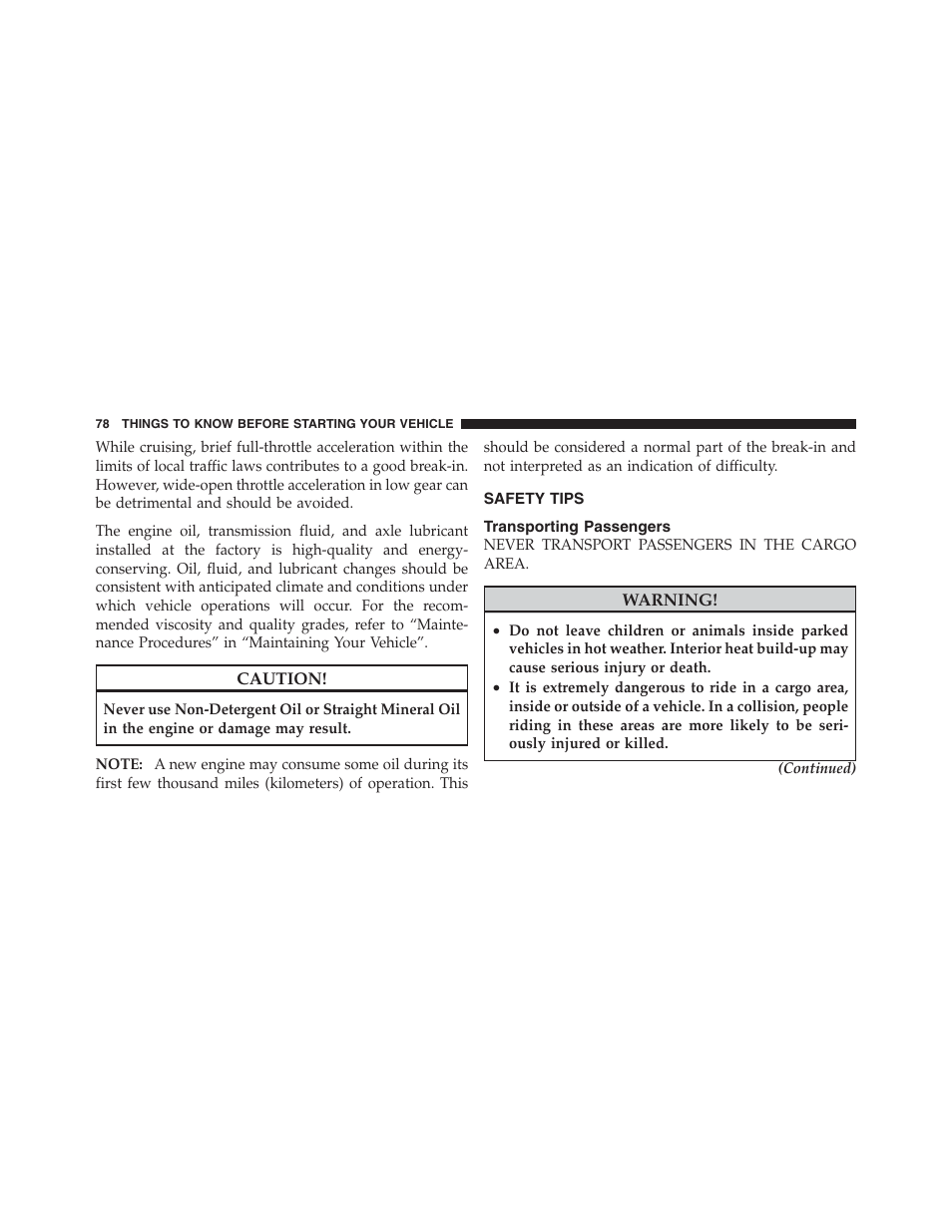 Safety tips, Transporting passengers | Dodge 2012 Challenger - Owner Manual User Manual | Page 80 / 494