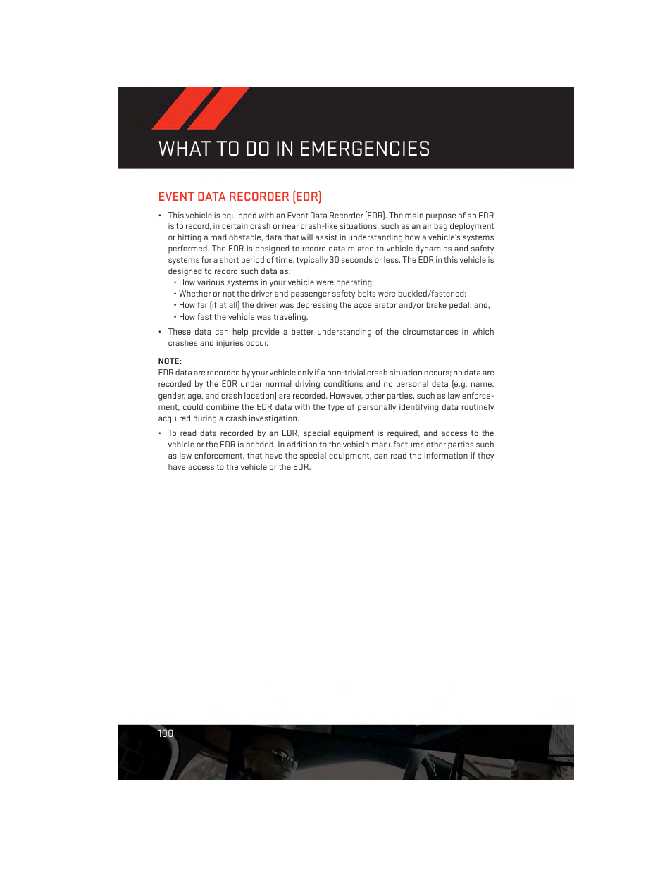 Event data recorder (edr), What to do in emergencies | Dodge 2012 Challenger-SRT - User Guide User Manual | Page 102 / 132