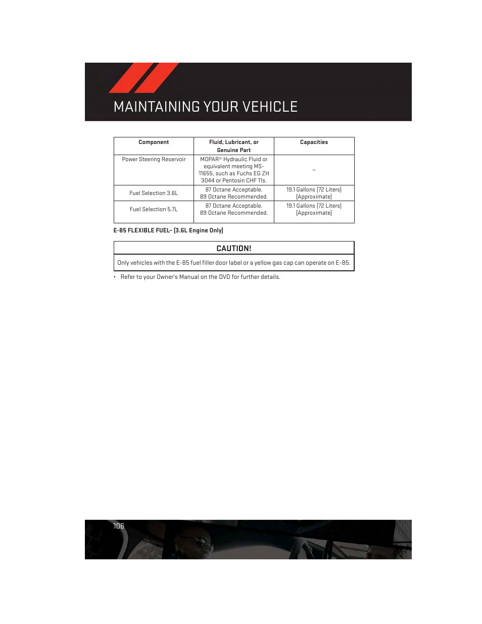 E-85 flexible fuel– (3.6l engine only), Maintaining your vehicle, Caution | Dodge 2012 Challenger-SRT - User Guide User Manual | Page 108 / 132