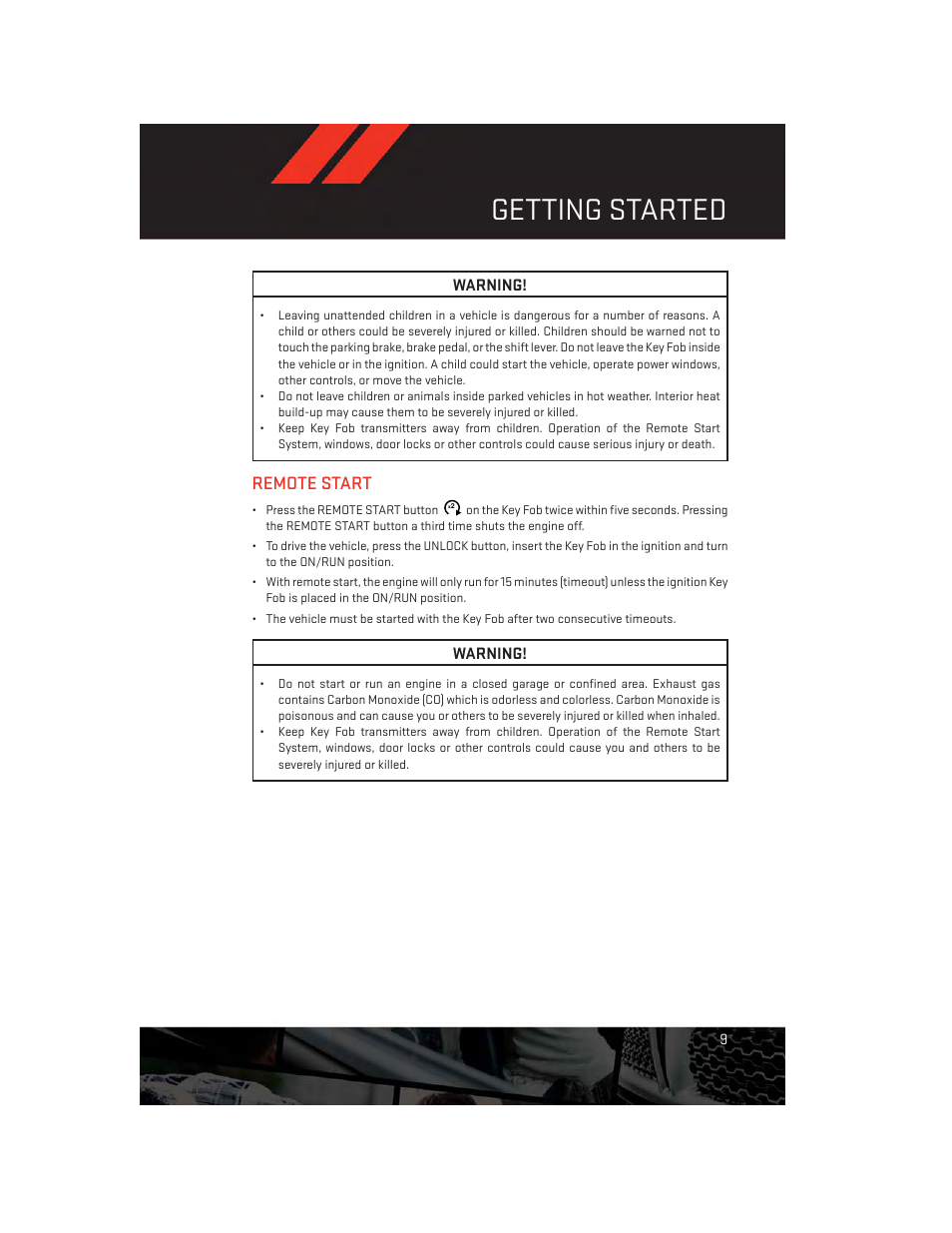 Remote start, Getting started | Dodge 2012 Challenger-SRT - User Guide User Manual | Page 11 / 132