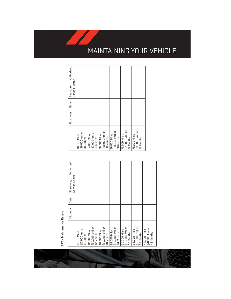 Srt – maintenance record, Maintaining your vehicle | Dodge 2012 Challenger-SRT - User Guide User Manual | Page 115 / 132