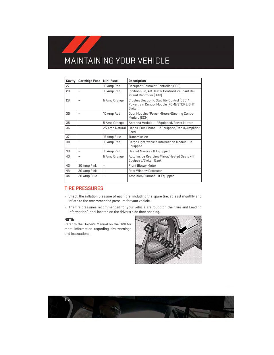 Tire pressures, Maintaining your vehicle | Dodge 2012 Challenger-SRT - User Guide User Manual | Page 118 / 132