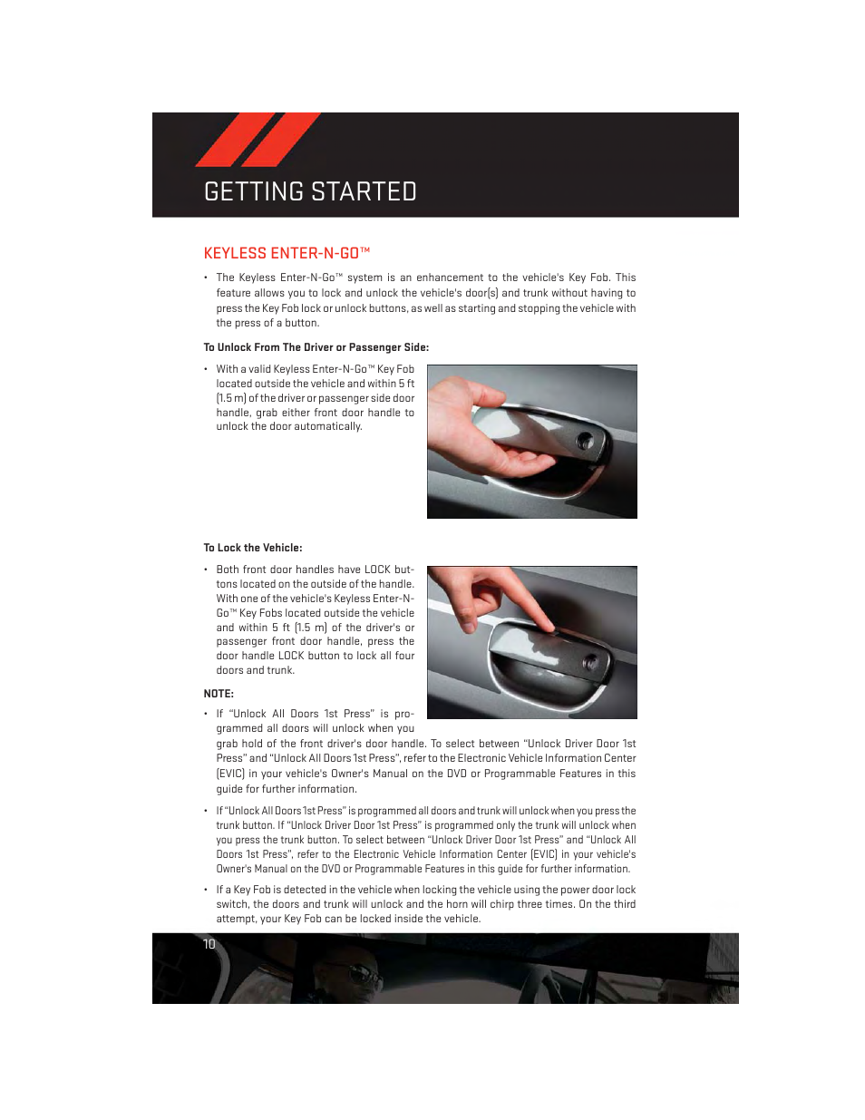 Keyless enter-n-go, To unlock from the driver or passenger side, To lock the vehicle | Getting started | Dodge 2012 Challenger-SRT - User Guide User Manual | Page 12 / 132