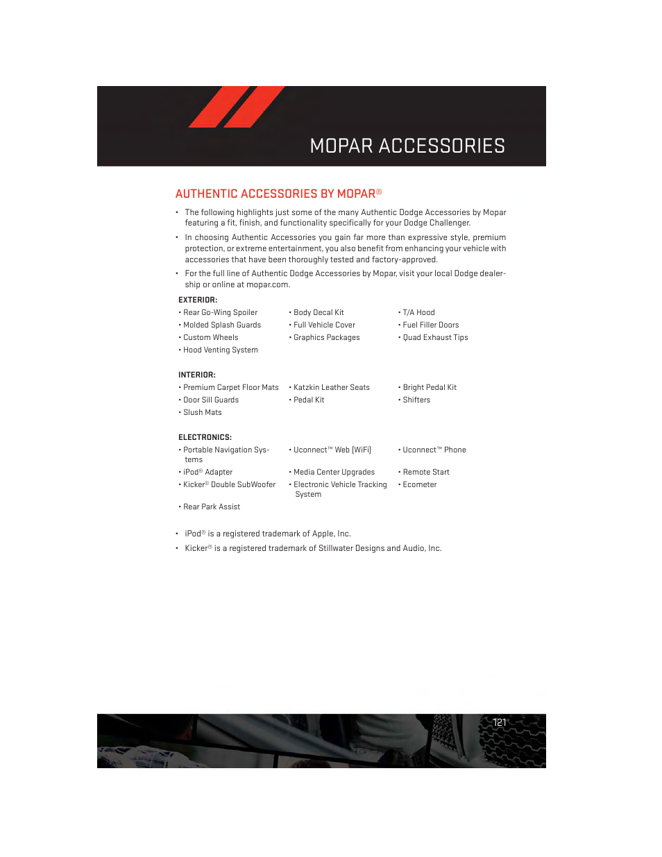 Mopar accessories, Authentic accessories by mopar | Dodge 2012 Challenger-SRT - User Guide User Manual | Page 123 / 132