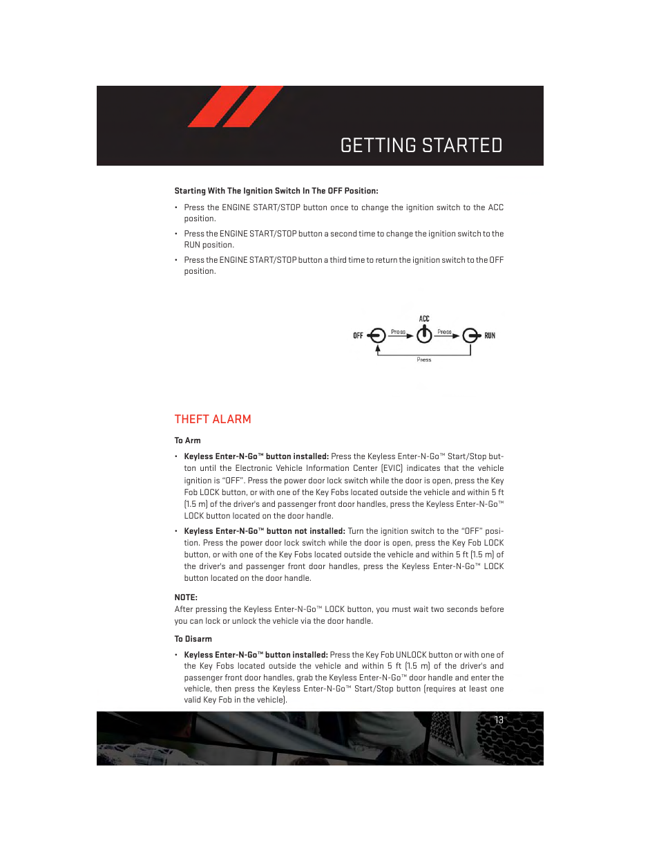 Theft alarm, To arm, To disarm | Getting started | Dodge 2012 Challenger-SRT - User Guide User Manual | Page 15 / 132