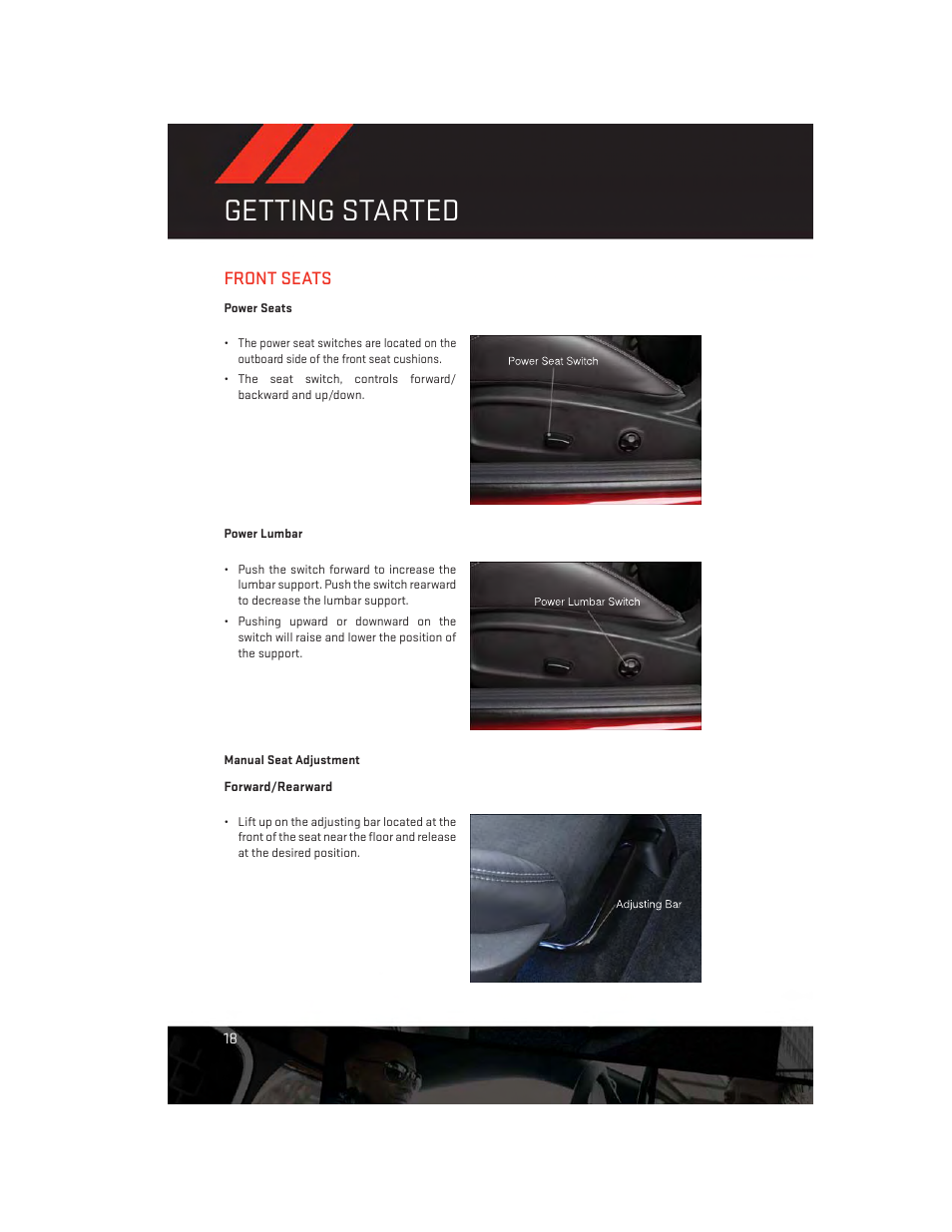 Front seats, Power seats, Power lumbar | Manual seat adjustment, Getting started | Dodge 2012 Challenger-SRT - User Guide User Manual | Page 20 / 132