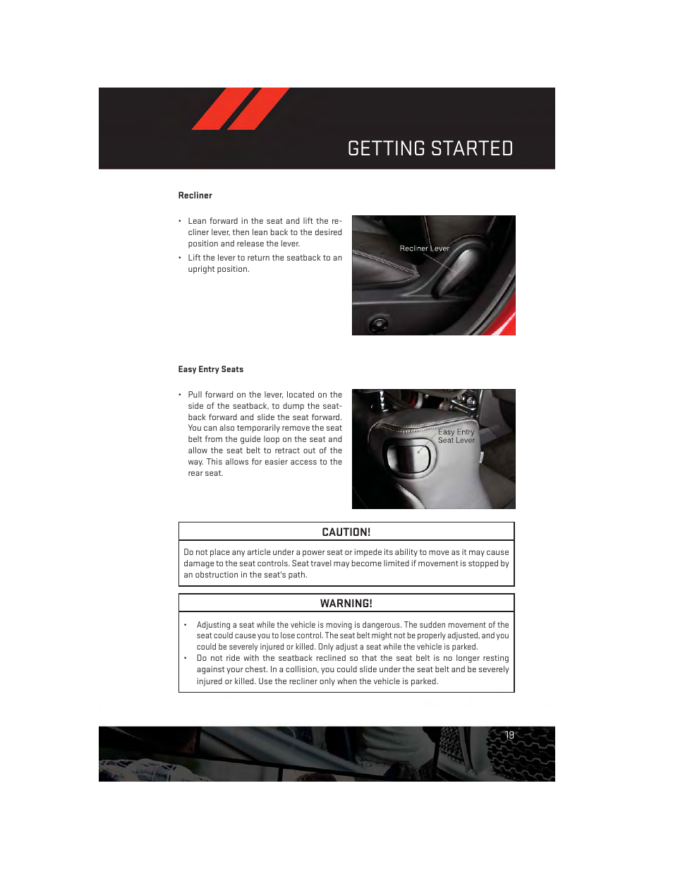 Easy entry seats, Getting started | Dodge 2012 Challenger-SRT - User Guide User Manual | Page 21 / 132