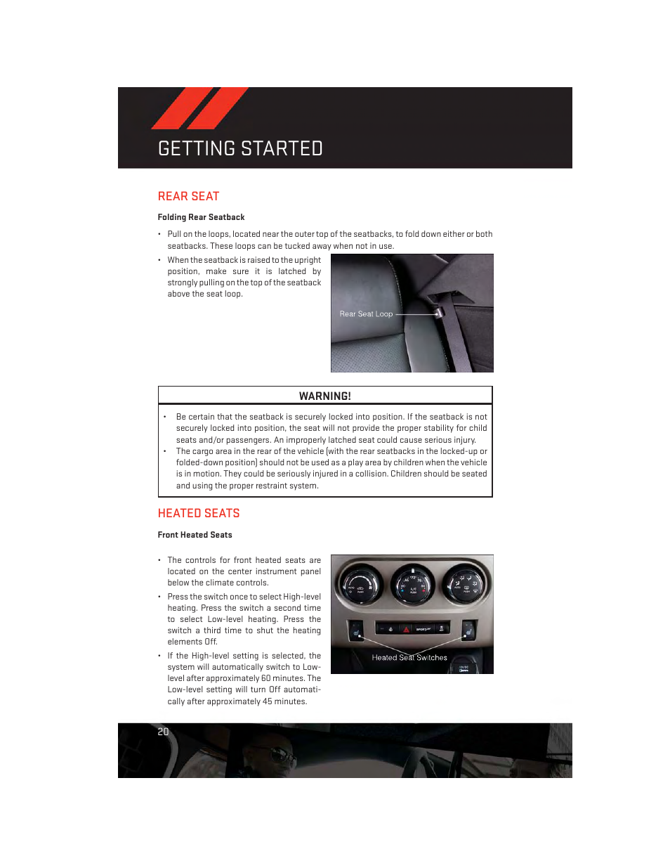 Rear seat, Folding rear seatback, Heated seats | Front heated seats, Getting started | Dodge 2012 Challenger-SRT - User Guide User Manual | Page 22 / 132