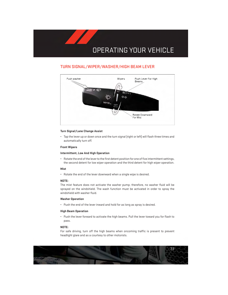 Turn signal/wiper/washer/high beam lever, Turn signal/lane change assist, Front wipers | High beam operation, Turn signal/wiper/washer/high beam, Lever, Operating your vehicle | Dodge 2012 Challenger-SRT - User Guide User Manual | Page 25 / 132