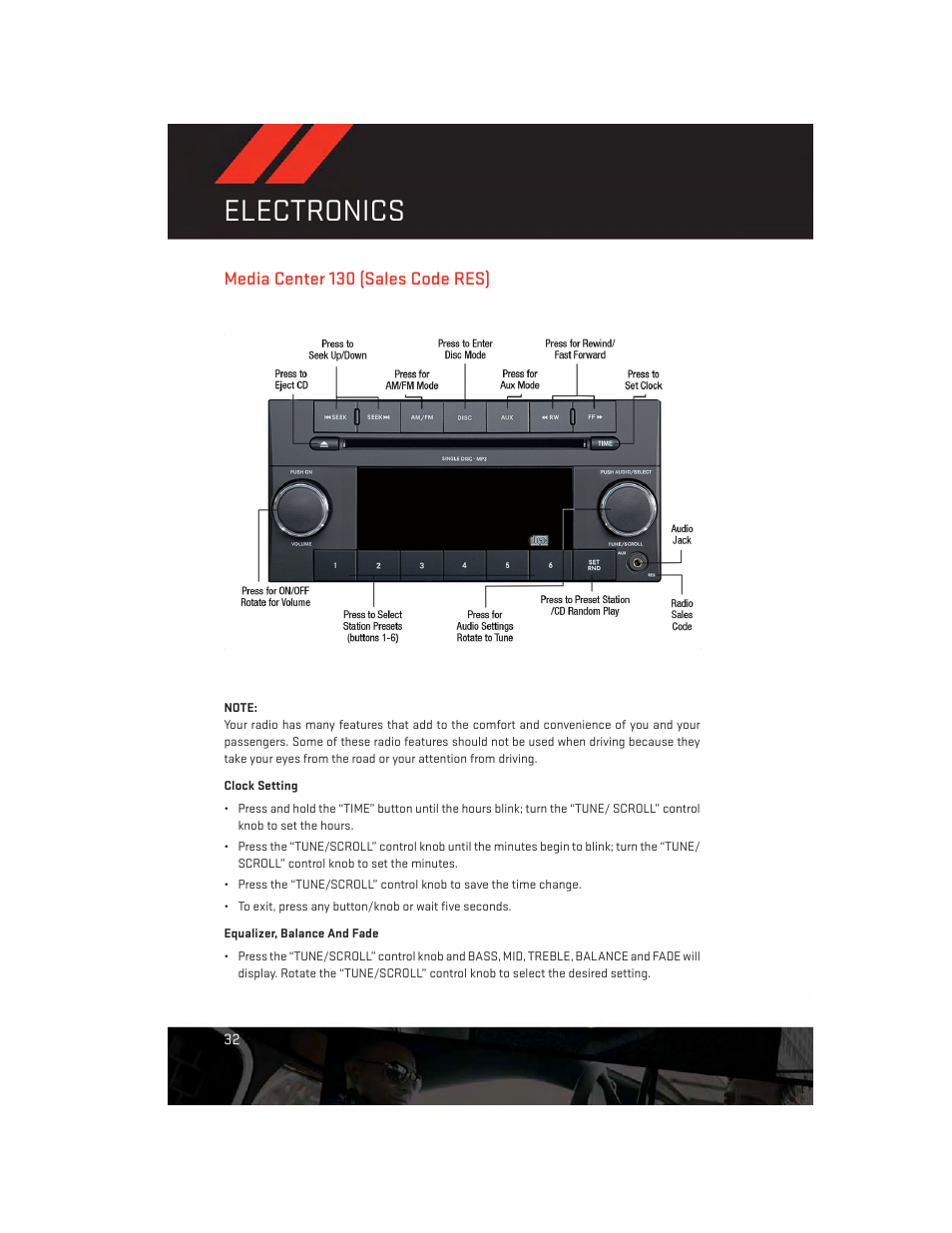 Media center 130 (sales code res), Clock setting, Equalizer, balance and fade | Electronics | Dodge 2012 Challenger-SRT - User Guide User Manual | Page 34 / 132