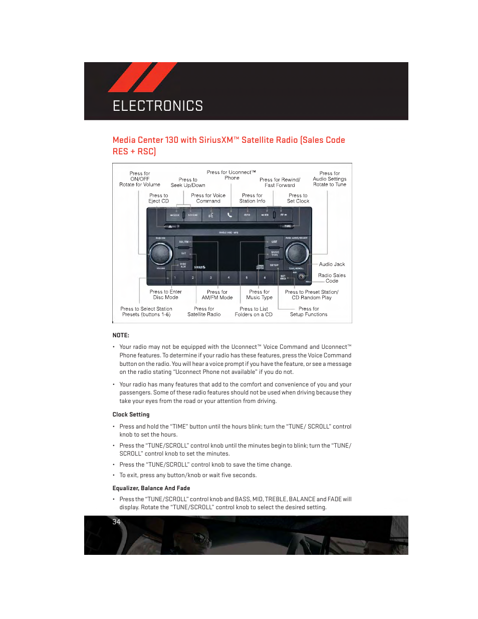 Clock setting, Equalizer, balance and fade, Media center 130 with siriusxm™ satellite radio | Sales code res + rsc), Electronics | Dodge 2012 Challenger-SRT - User Guide User Manual | Page 36 / 132