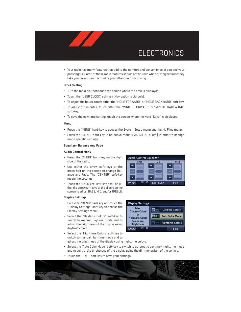 Clock setting, Menu, Equalizer, balance and fade | Electronics | Dodge 2012 Challenger-SRT - User Guide User Manual | Page 39 / 132