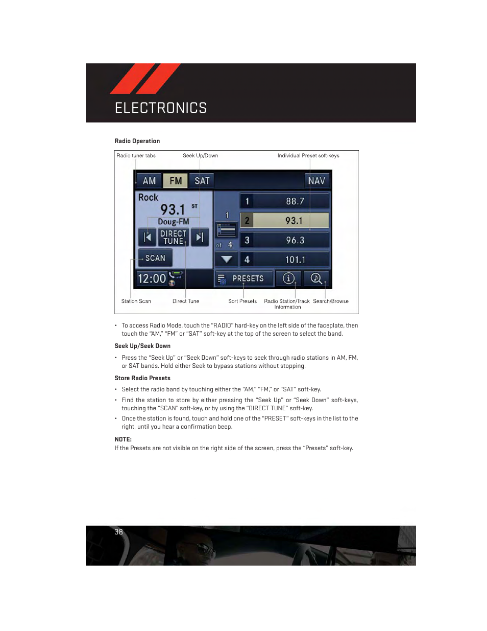 Radio operation, Electronics | Dodge 2012 Challenger-SRT - User Guide User Manual | Page 40 / 132