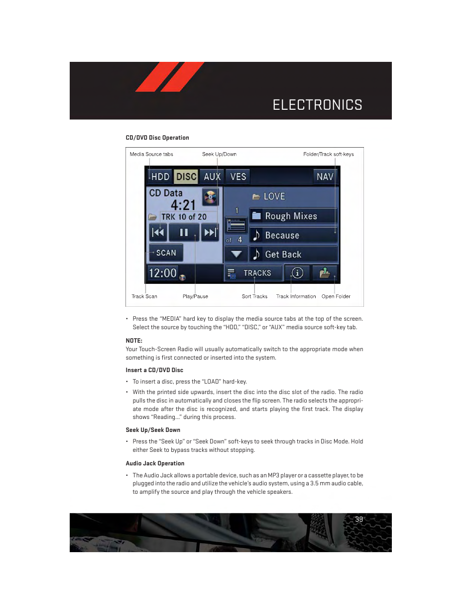 Cd/dvd disc operation, Audio jack operation, Electronics | Dodge 2012 Challenger-SRT - User Guide User Manual | Page 41 / 132