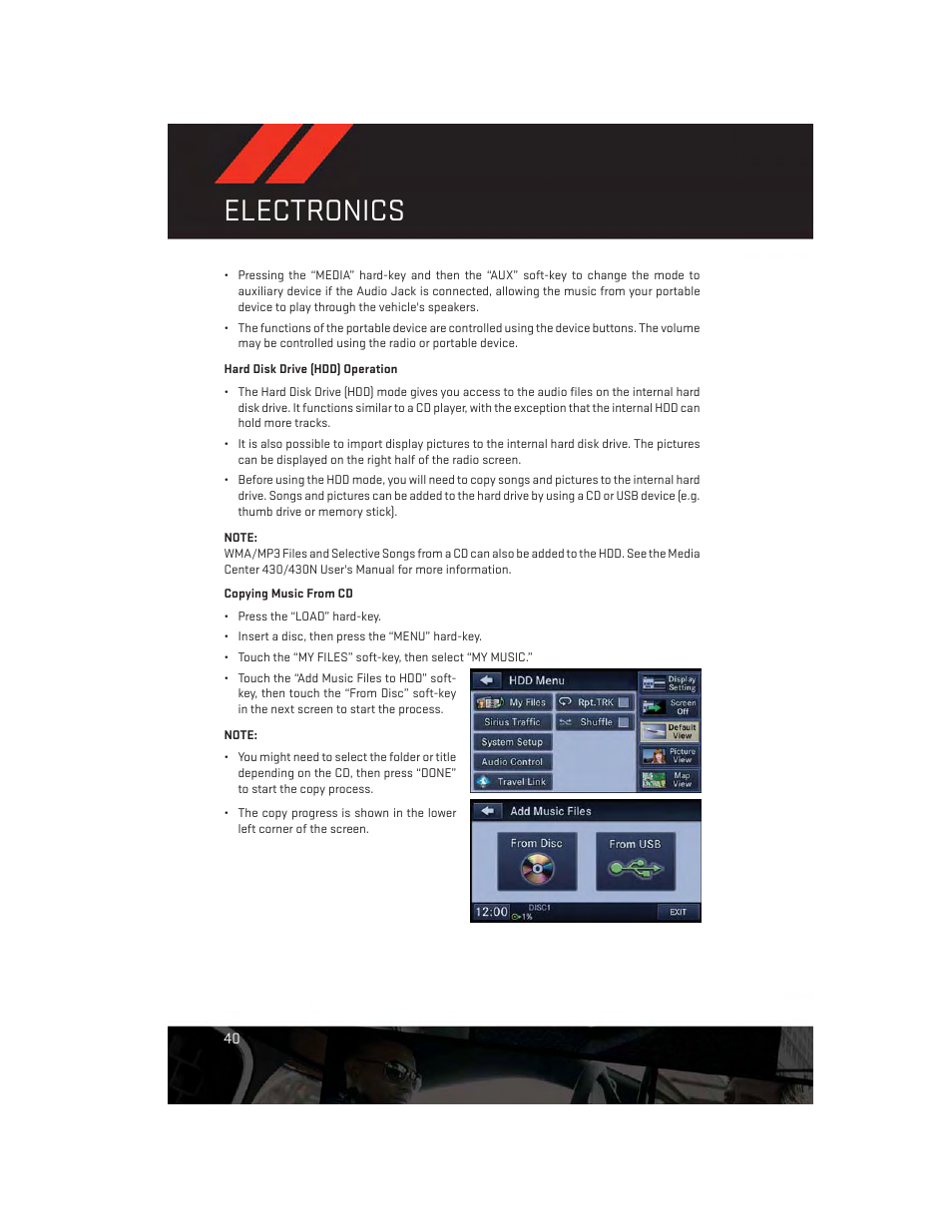Hard disk drive (hdd) operation, Electronics | Dodge 2012 Challenger-SRT - User Guide User Manual | Page 42 / 132