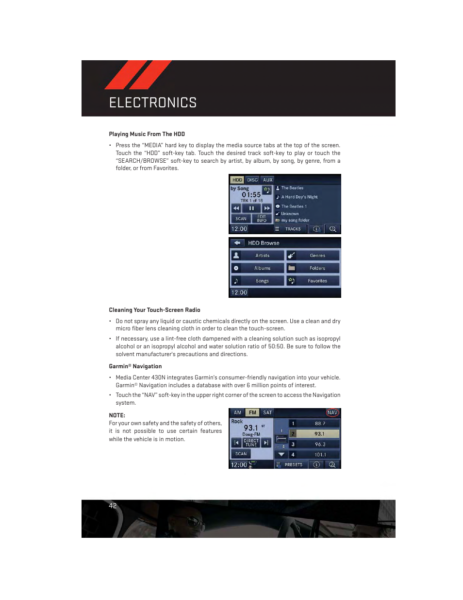 Cleaning your touch-screen radio, Garmin® navigation, Electronics | Dodge 2012 Challenger-SRT - User Guide User Manual | Page 44 / 132