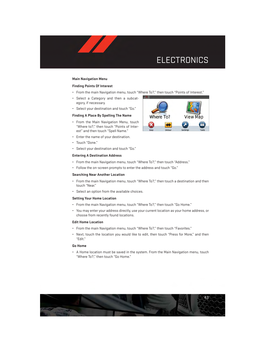 Main navigation menu, Electronics | Dodge 2012 Challenger-SRT - User Guide User Manual | Page 45 / 132