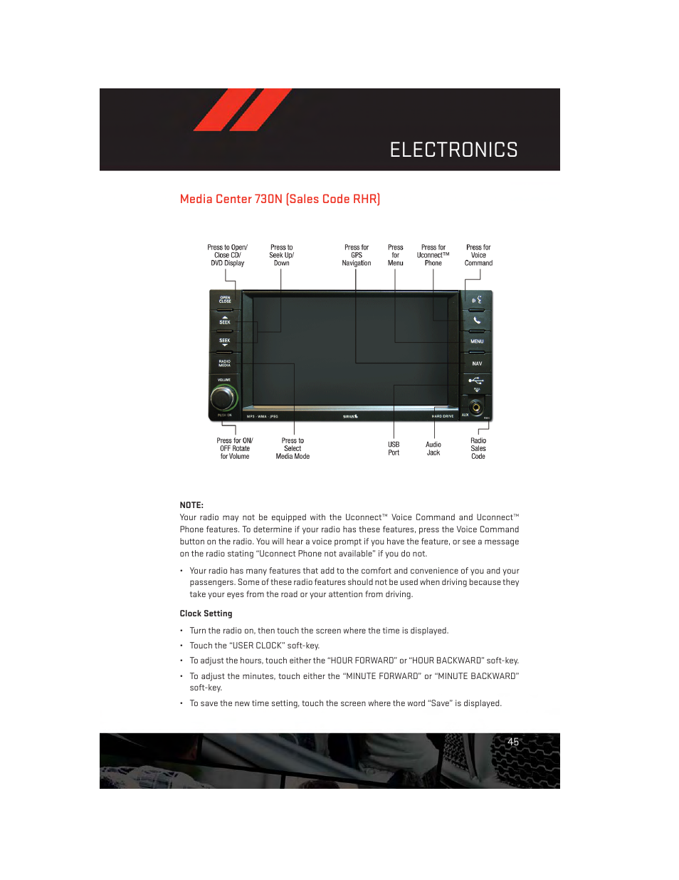 Media center 730n (sales code rhr), Clock setting, Electronics | Dodge 2012 Challenger-SRT - User Guide User Manual | Page 47 / 132