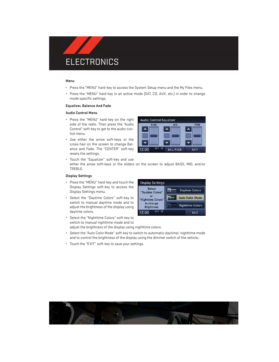 Menu, Equalizer, balance and fade, Electronics | Dodge 2012 Challenger-SRT - User Guide User Manual | Page 48 / 132