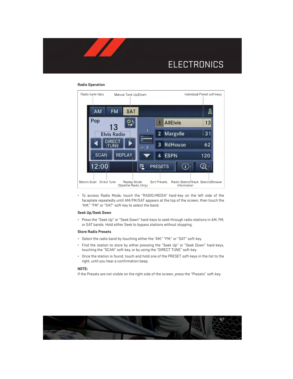 Radio operation, Electronics | Dodge 2012 Challenger-SRT - User Guide User Manual | Page 49 / 132